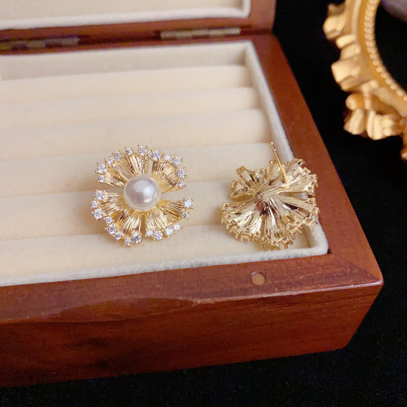 Elegant Metal Zircon & Pearl Petal Stud Earrings – Floral Design
