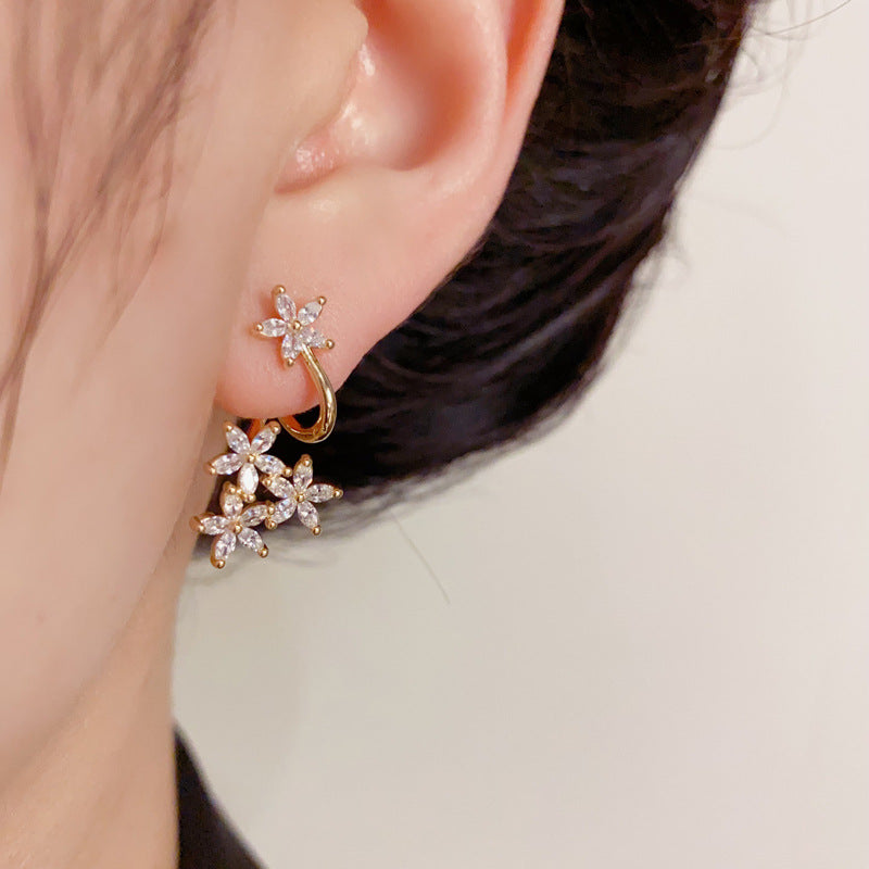 14K Gold-Plated Zircon Floral Hoop Earrings – Elegant Design