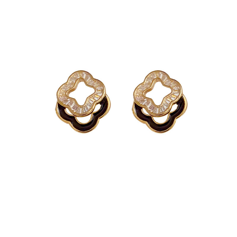 14K Gold-Plated Zircon Four-Leaf Stud Earrings - Chic Elegance Design