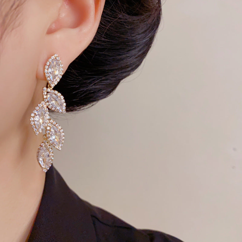 Eaioncol Full CZ Leaf Tassel Drop Earrings Gold Silver