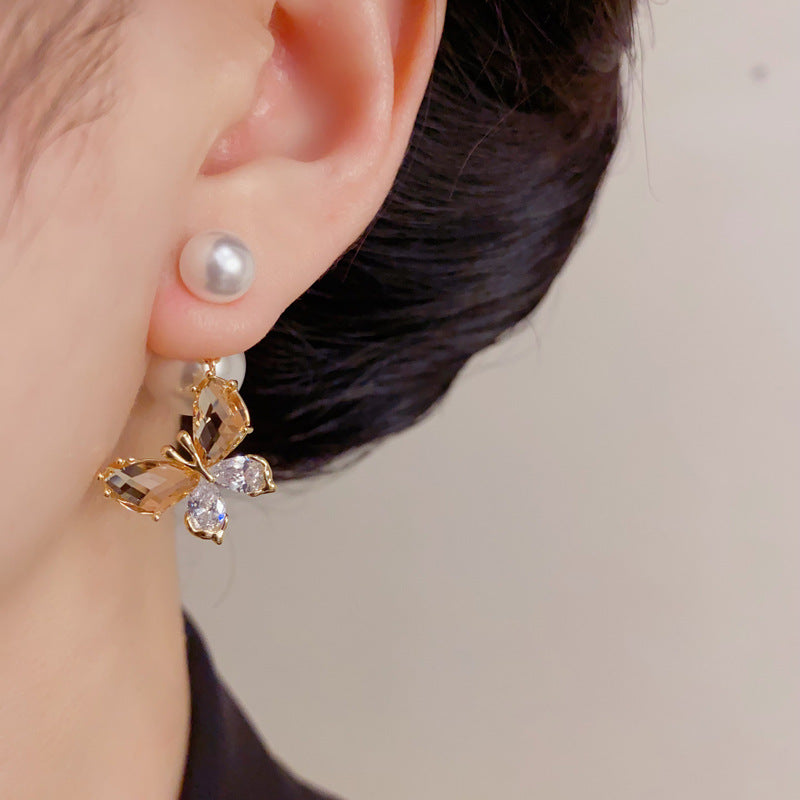 Eaioncol Two-Way Pearl Butterfly Drop Earrings Gold