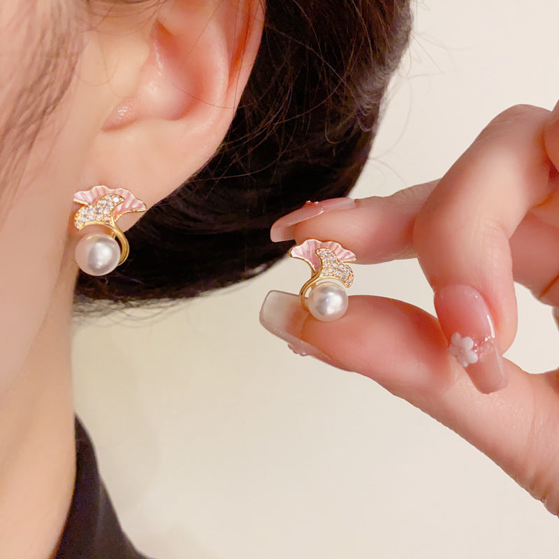 14K Gold Minimalist Double-Layer Ginkgo Leaf & Pearl Stud Earrings