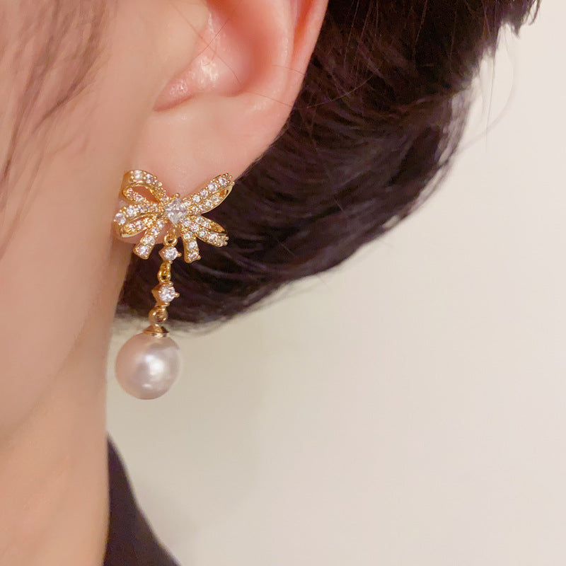 Luxury Full-Zircon Bow & Pearl Drop Earrings – S925 Silver Needle