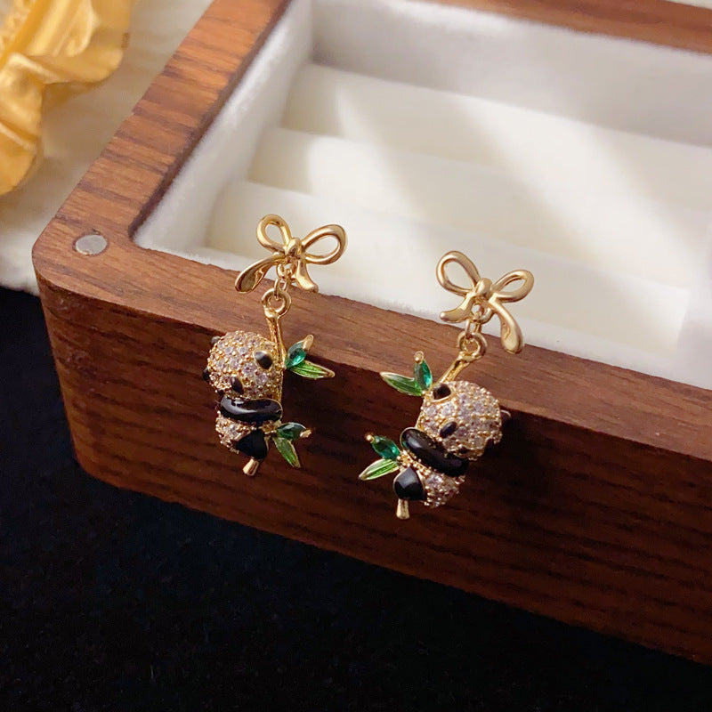 Elegant Bow Zircon Panda Drop Earrings – Animal Design