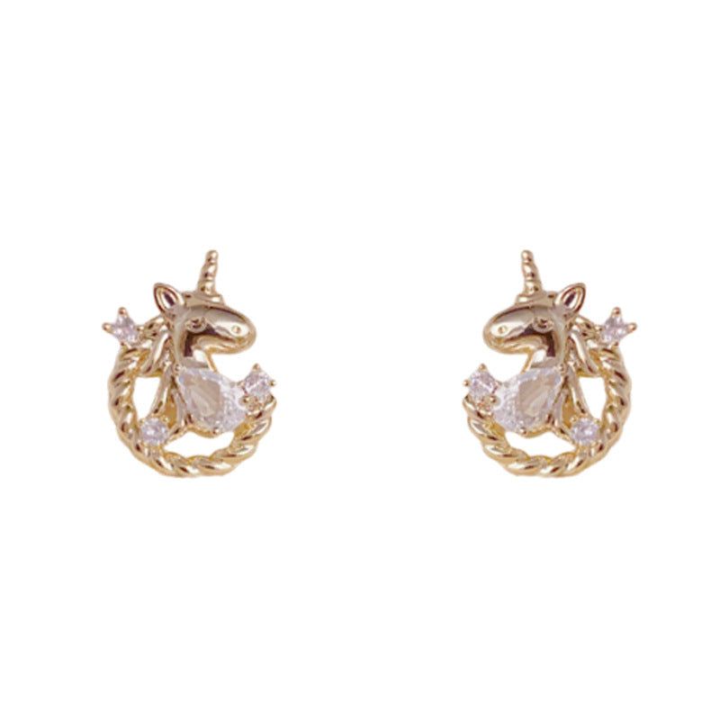 Luxury Zircon Wooden Horse Stud Gold Earrings – Elegant Design