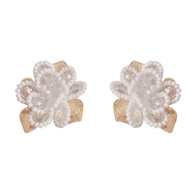 Luxury Beaded Crystal & Petal Stud Flower Earrings – Elegant Design