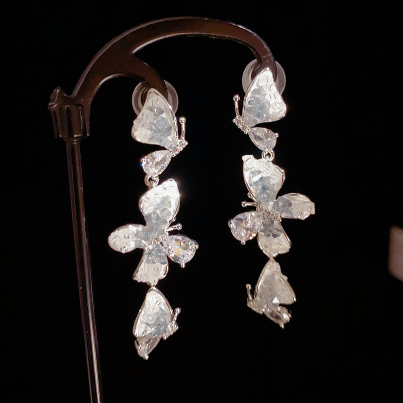 14K Gold Gradient Crystal Butterfly Tassel Earrings – Elegant Design