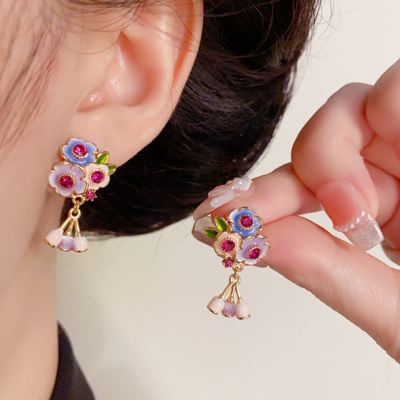 Luxury Colorful Enamel Flower Tassel Drop gold Earrings– Silver Needle
