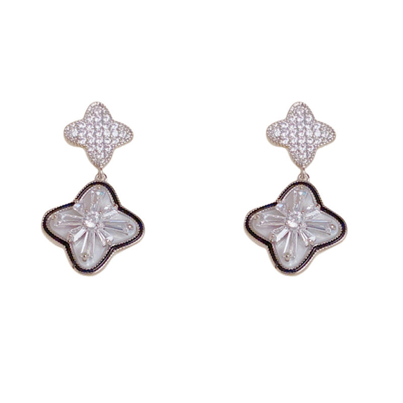 Luxury Zircon Four-Leaf Flower Drop Earrings – Elegant Floral Design