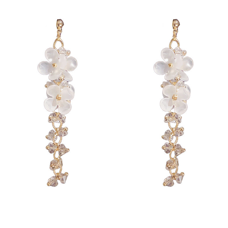 Luxury White Petal & Zircon Tassel Drop Earrings – S925 Silver Needle