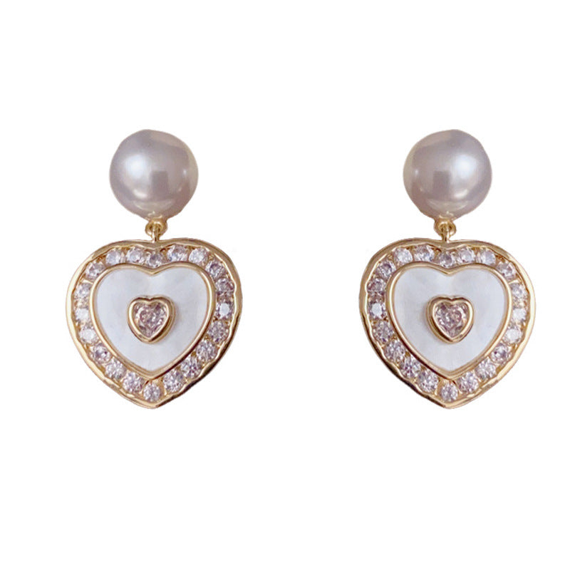 14K Gold-Plated Korean-Style Pearl Heart Drop Earrings– Elegant Design