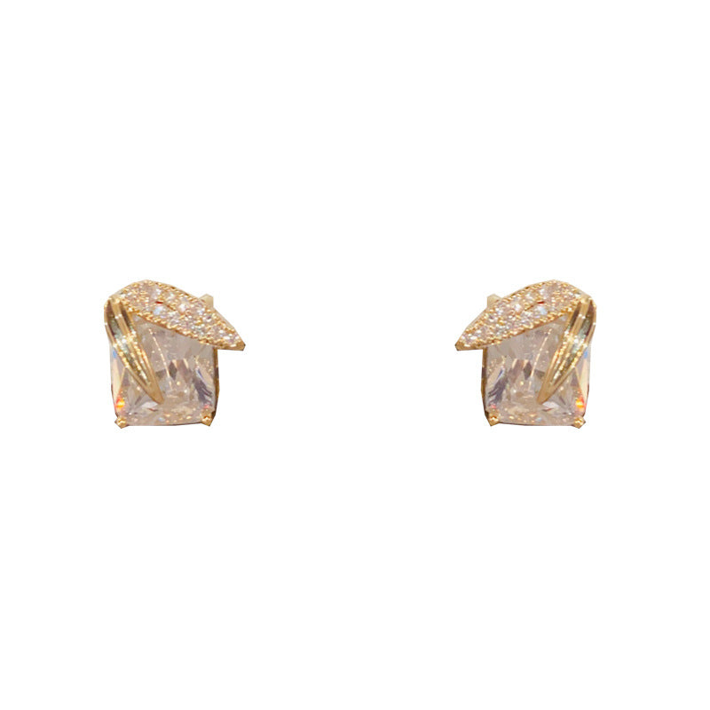 Elegant Zircon Leaf Square Diamond Stud Earrings – Floral Design