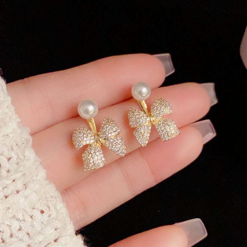 14K Gold-Plated Zircon Bow Pearl Dual Stud Earrings - Elegance Design