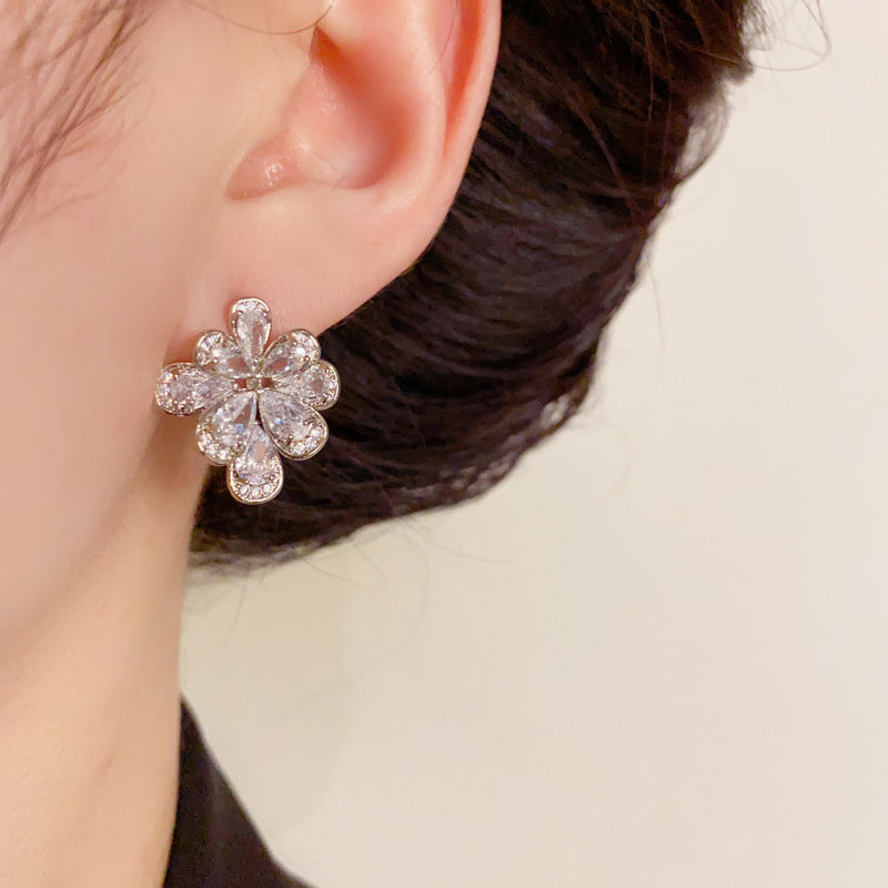 14K Gold Full Zircon Flower Earrings - Chic Elegance Design