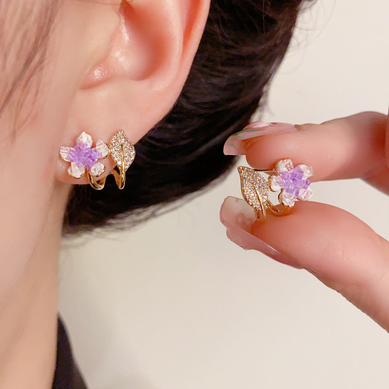 14K Gold-Plated Floral Zircon Leaf Stud Earrings–Elegant Nature Design