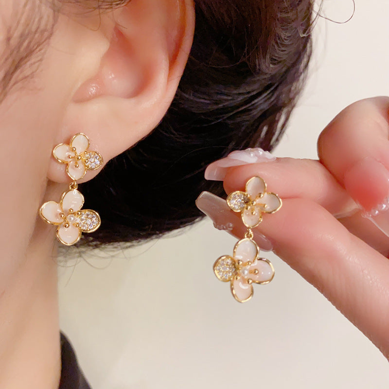 14K Gold-Plated Pink Flower Drop Earrings – Elegant Korean Style