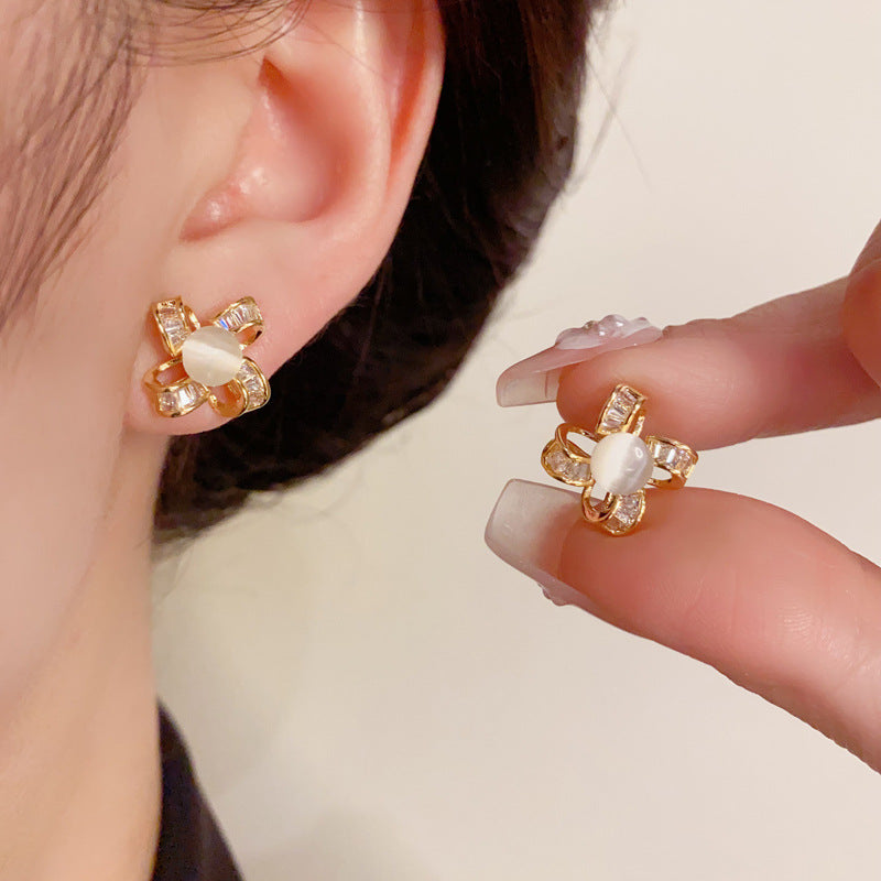 14K Gold Zircon Cat Eye Flower Stud Earrings- Chic Elegance Design