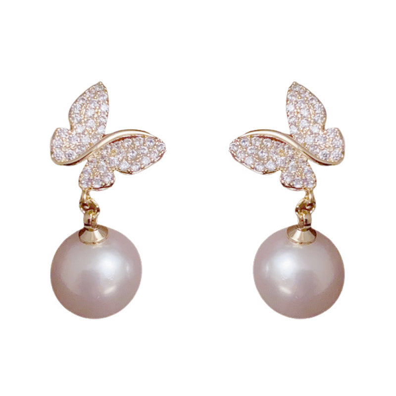 14K Gold-Plated Butterfly Pearl Drop Earrings – Elegant Chic Design