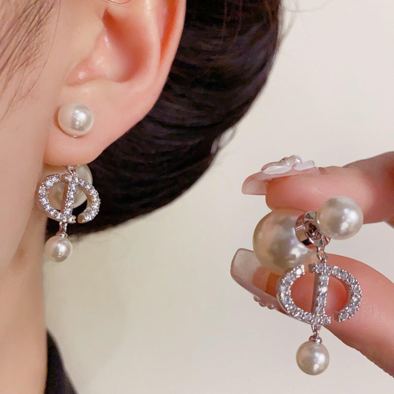 14K Gold CD Letter Front-Back Pearl Earrings – Modern Chic Design