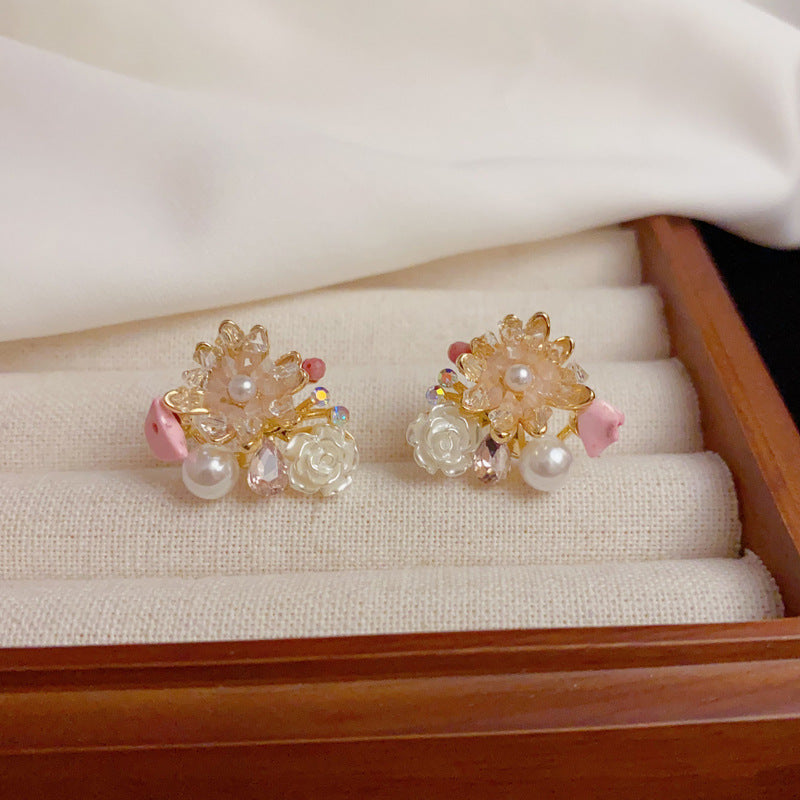 14K Gold Handcrafted Camellia Crystal Stud Earrings – Elegant Design