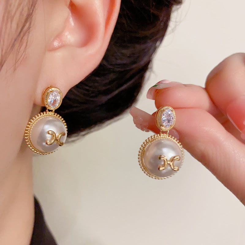 14K Gold-Plated Pearl Double-C Drop Earrings – Chic & Elegant Design