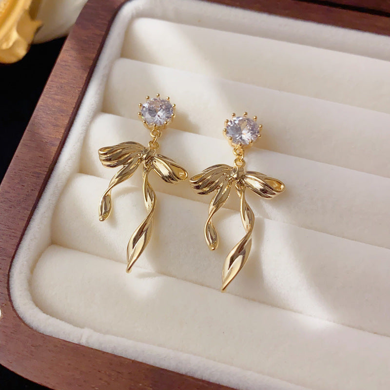 Luxury Zircon Metal Bow Drop Earrings – Elegant Design