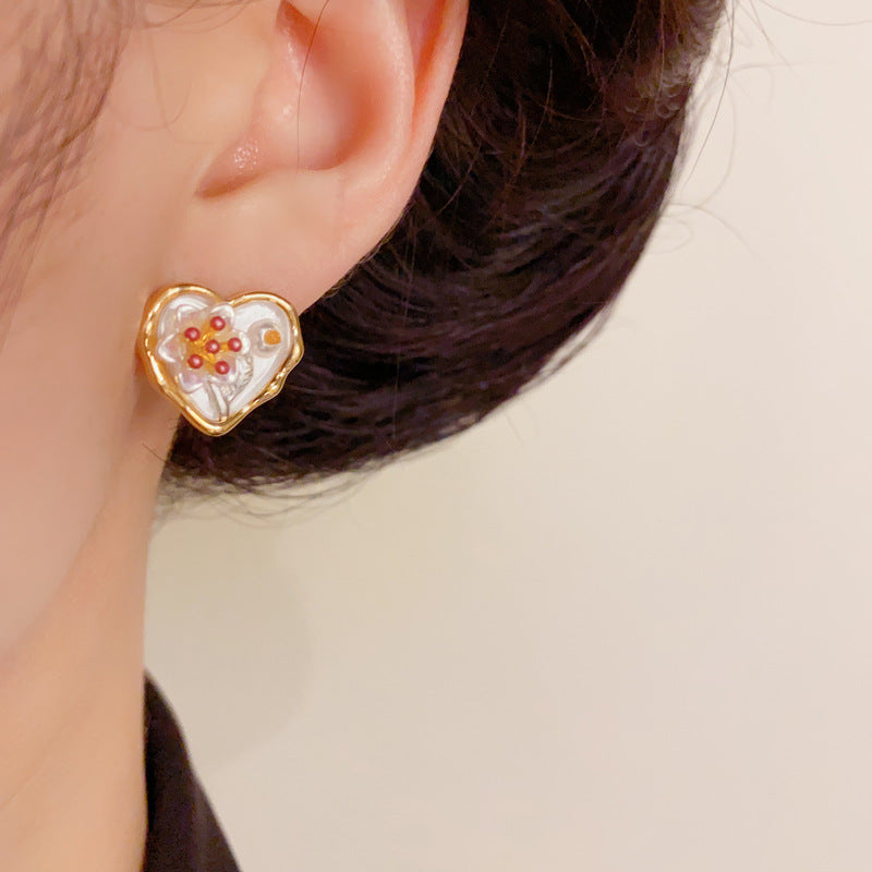 14K Gold Handcrafted Enamel Heart Flower Stud Earrings– Elegant Design