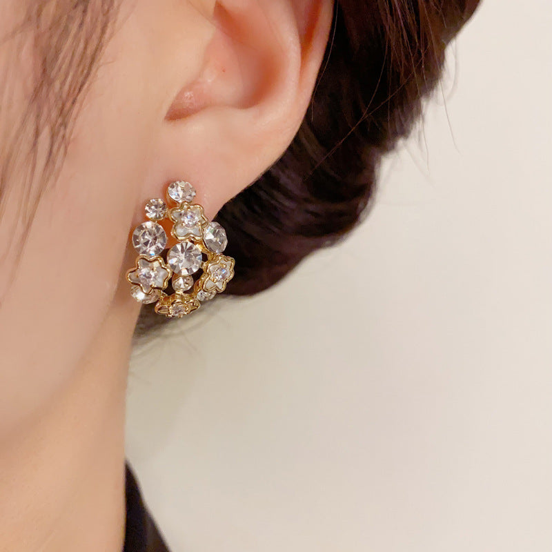 14K Gold-Plated Diamond-Studded Hollow Flower Earrings -Vintage Design