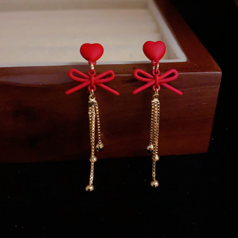 14K Gold-Plated Red Heart Bow Tassel Drop Earrings - Chic Design