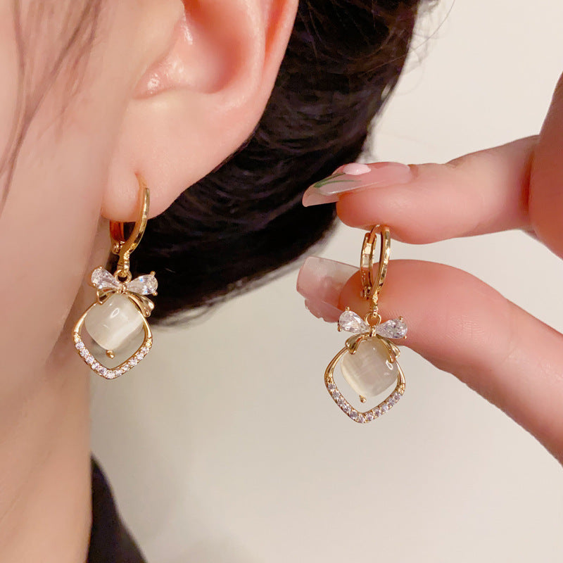 14K Gold Butterfly Bow Cat’s Eye Diamond Hoop Earrings– Elegant Design