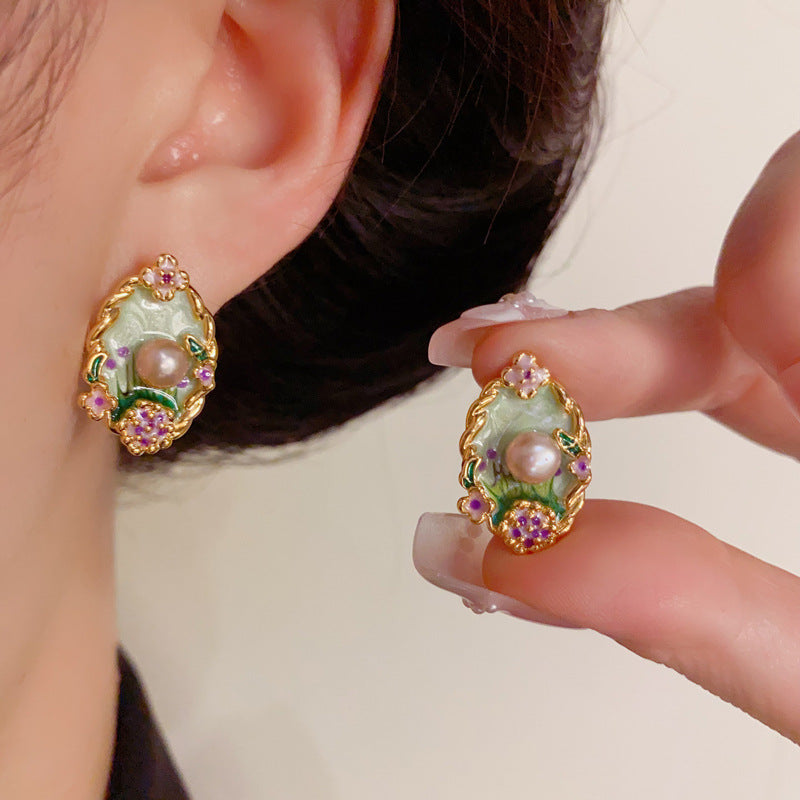 Colorful Enamel Petal & Pearl Stud Gold Earrings – Elegant Design