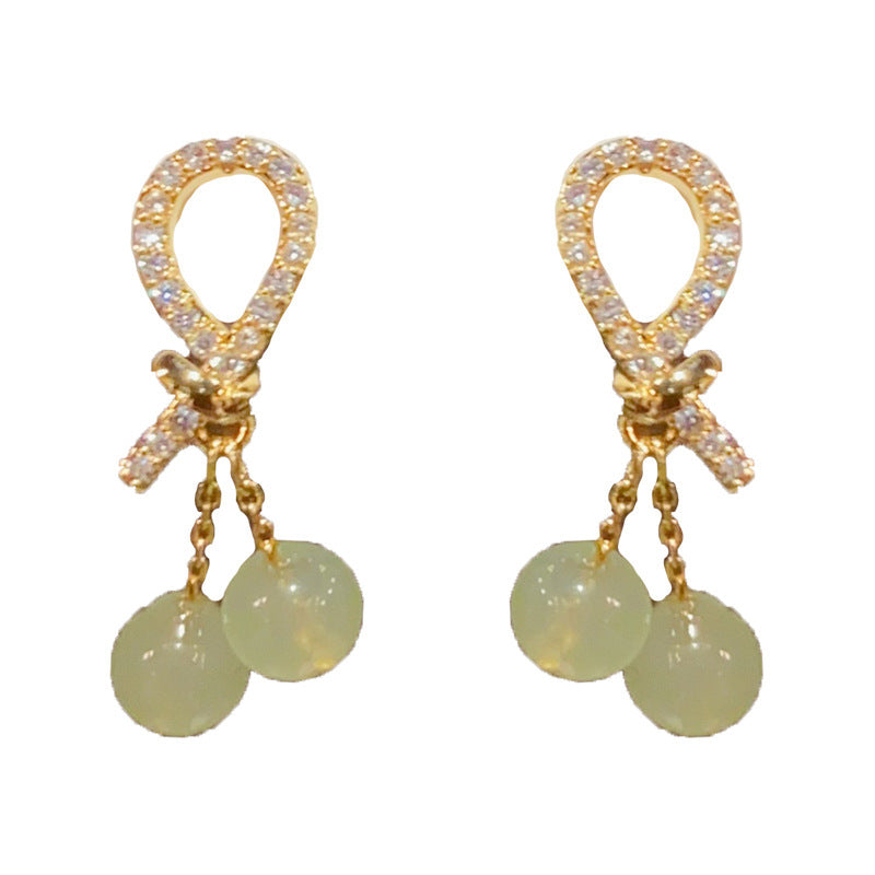 14K Gold-Plated Zircon Knot Green Bead Drop Earrings – Elegant Design