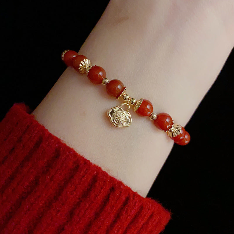14K Gold-Plated Red Beaded 福 Bracelet - Festive Minimalist Design