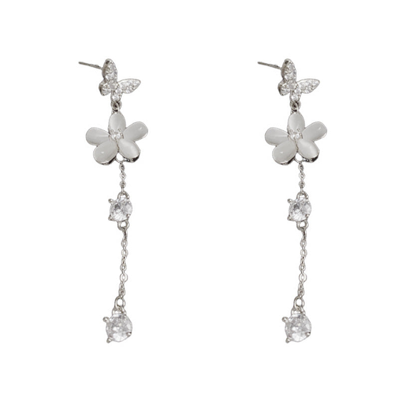 Luxury Zircon Cat's Eye & Flower Tassel Drop Earrings – Elegant Design