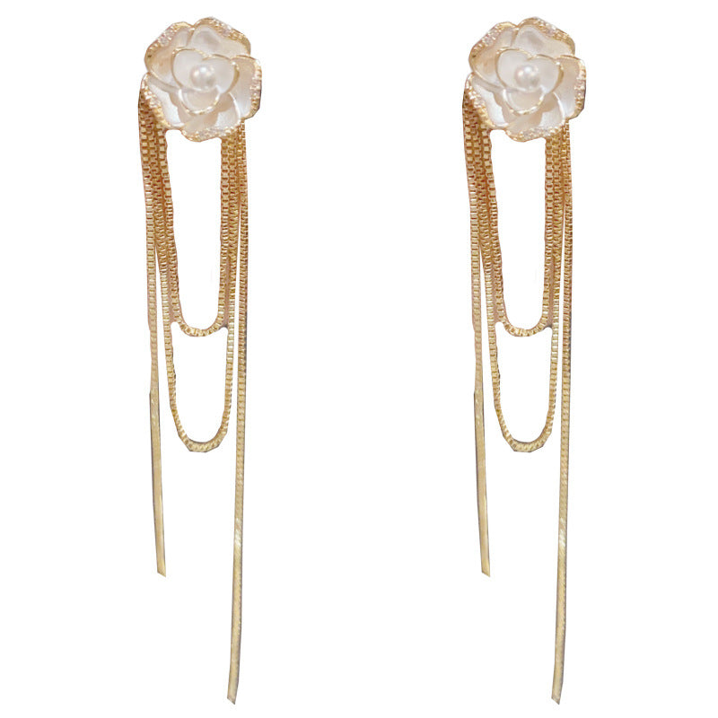 14K Gold-Plated Camellia 2 Way Tassel Earrings – Elegant Floral Design