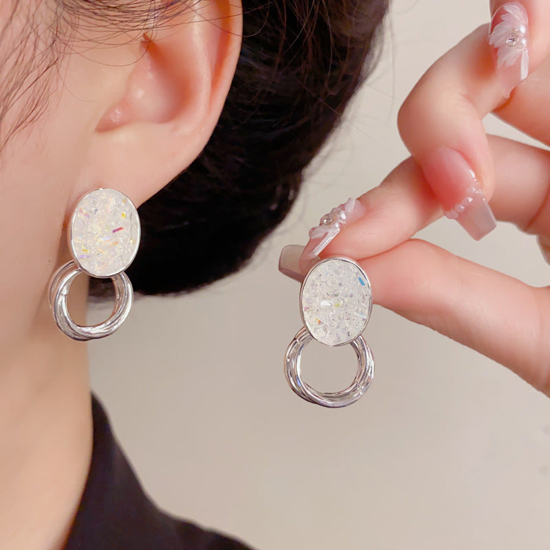 Eaioncol Oval Crystal Drop Earrings Silver
