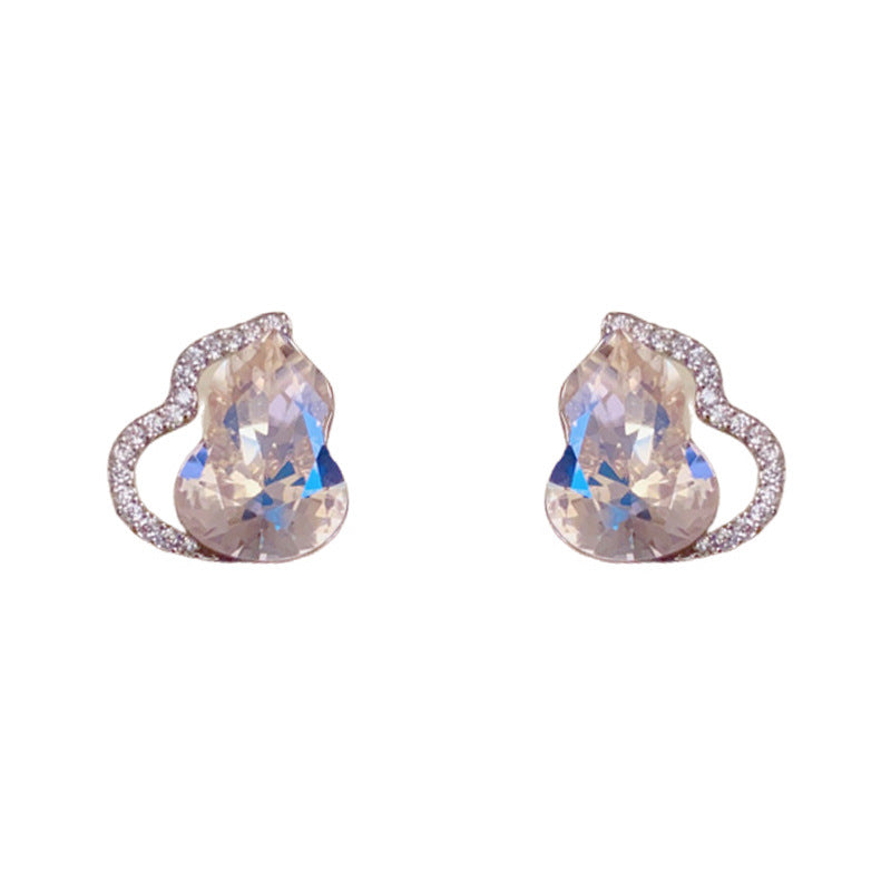 Elegant Full-Zircon Crystal Gourd Stud Earrings – Floral Design
