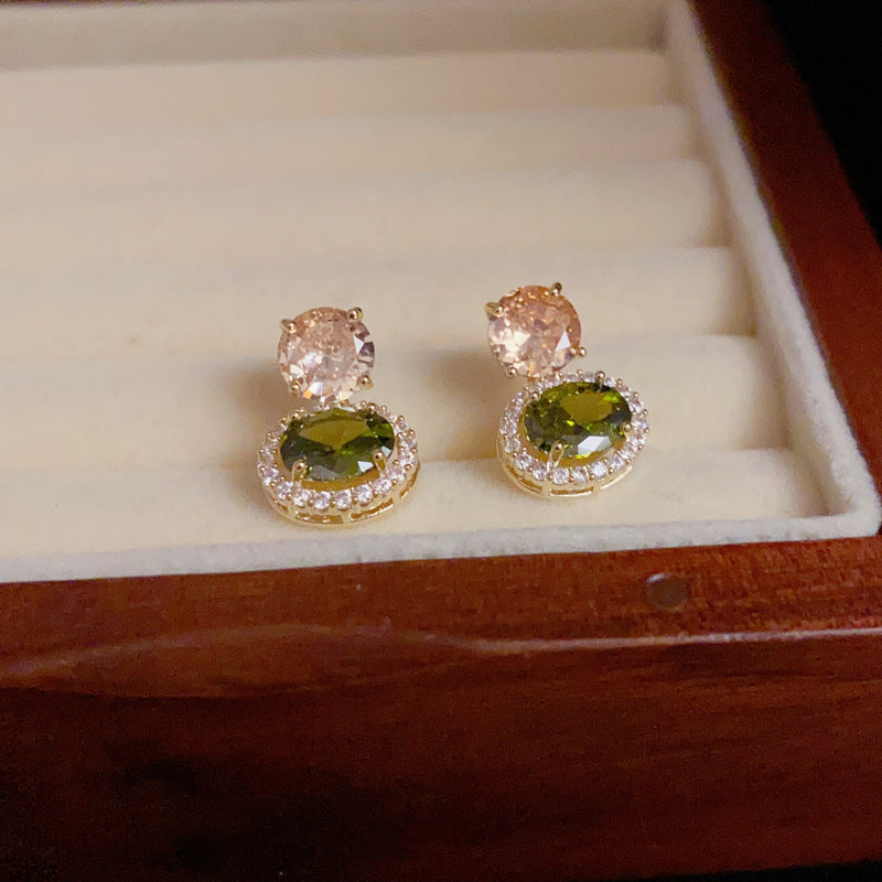 14K Gold-Plated Zircon Olive Green Round Earrings - Elegant Design