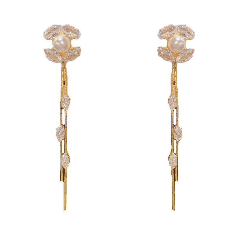 Elegant Zircon Pearl Tassel Drop Earrings – Classic Design