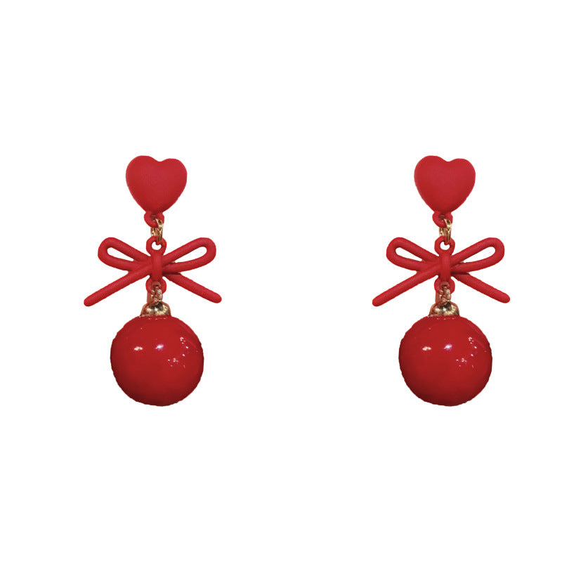 14K Gold-Plated Red Heart Bow Pearl Drop Earrings - Elegant Design