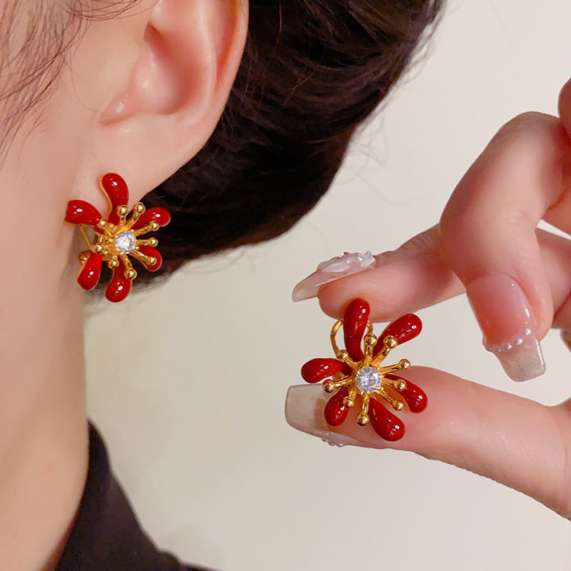 Luxury Zircon Red Firework Earrings – Elegant Floral Design