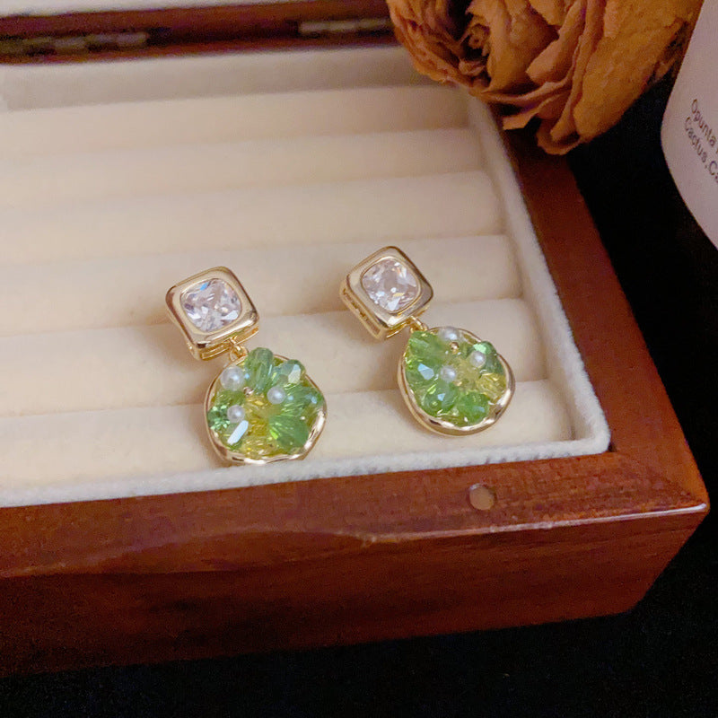 Minimalist Green Crystal Geo Tassel Drop Earrings – S925 Silver Needle