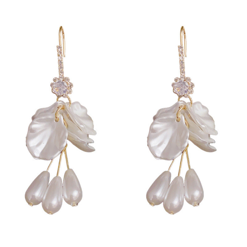 14K Gold Zircon & Pearl Petal Tassel Hook Earrings – Elegant Design