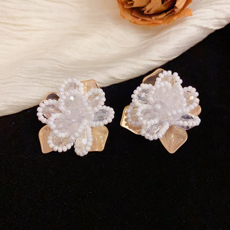 Luxury Beaded Crystal & Petal Stud Flower Earrings – Elegant Design