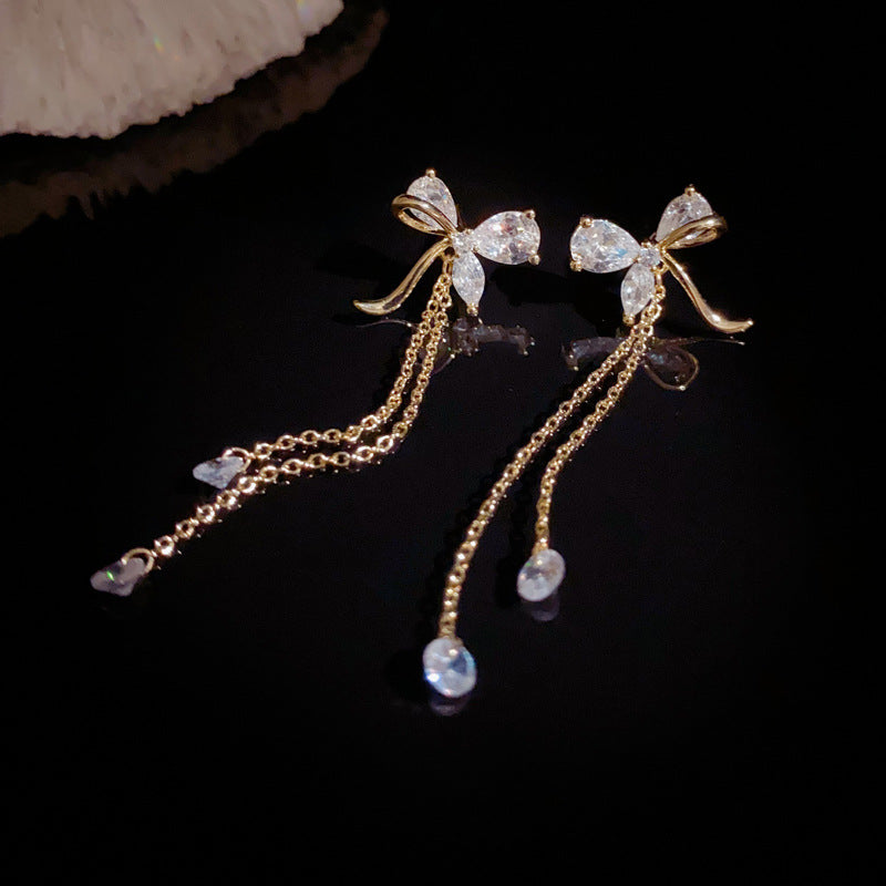 14K Gold-Plated Sweet Zircon Bow Tassel Drop Earrings – Elegant Design