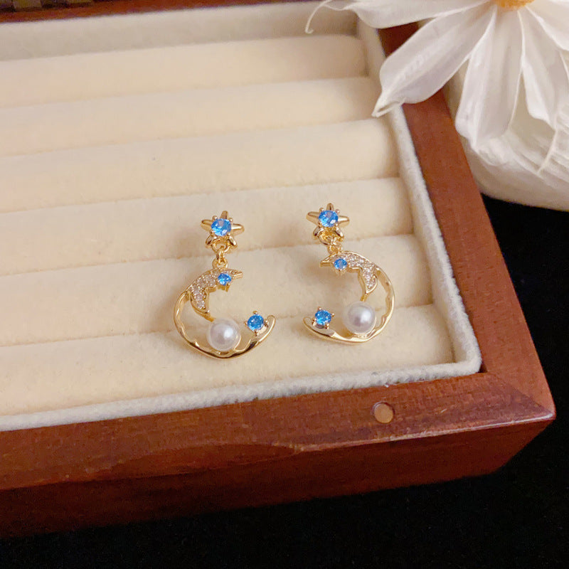 Luxury Zircon Star & Moon Pearl Drop Earrings – Elegant Design