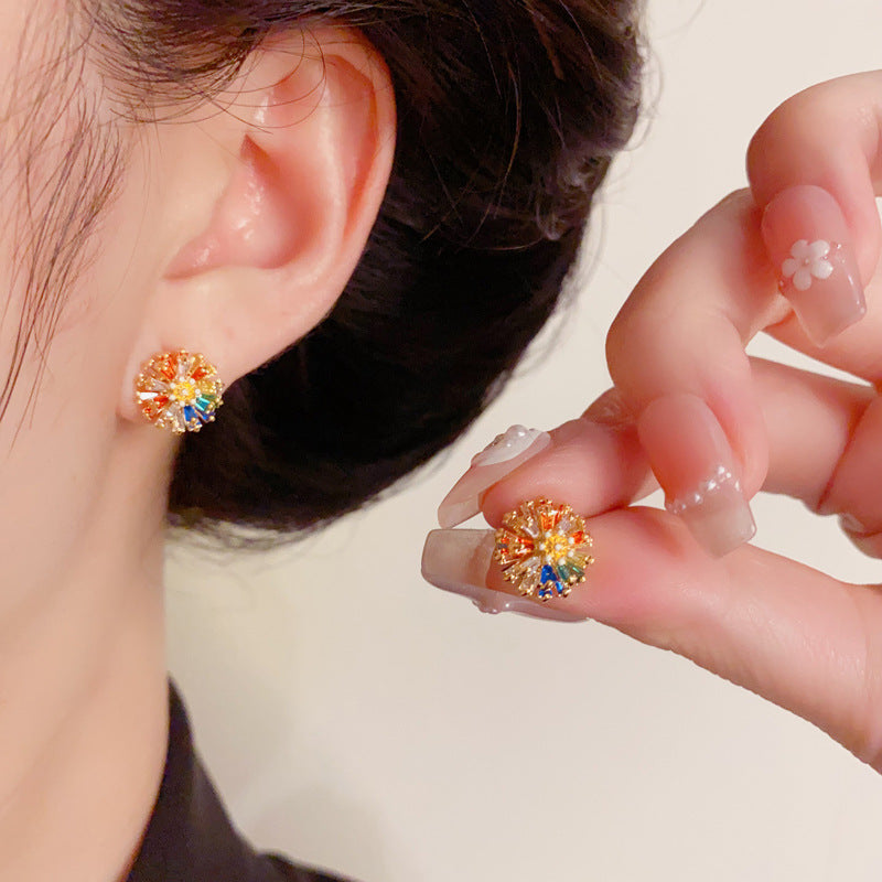 Luxury Colorful Zircon Daisy Stud Gold Earrings– Elegant Floral Design