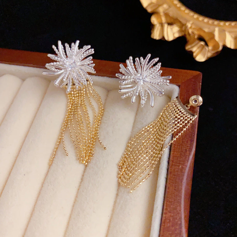 Elegant Metal Firework Dual-Wear Tassel Drop Earrings – Floral Design