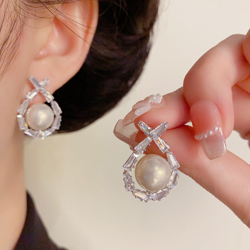 Luxury Zircon Crossed Pearl Droplet Earrings – Elegant Design