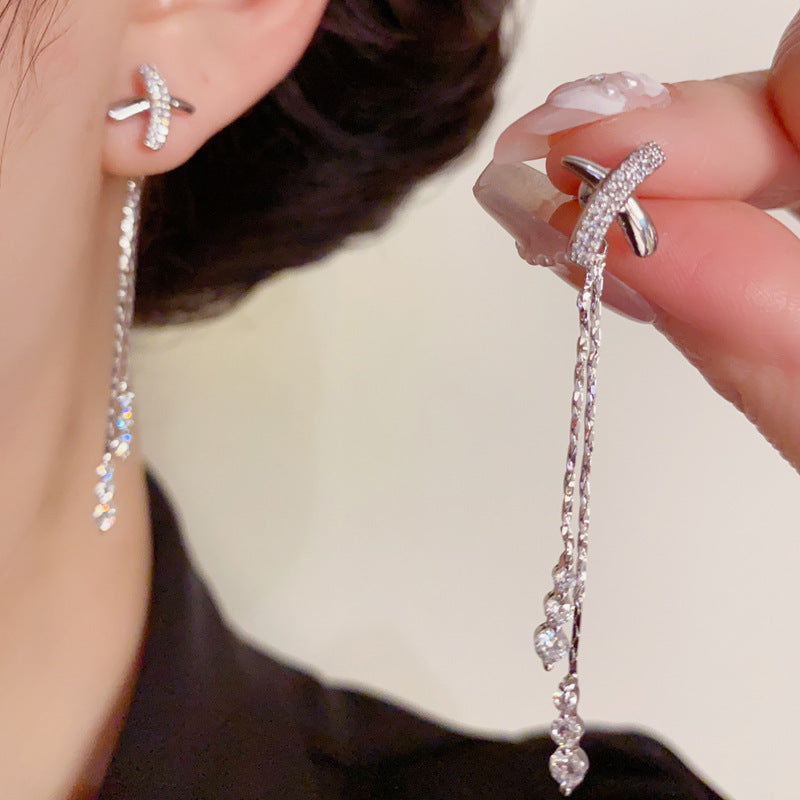 14K Gold-Plated Zircon Cross Dual-Wear Tassel Earrings –Elegant Design